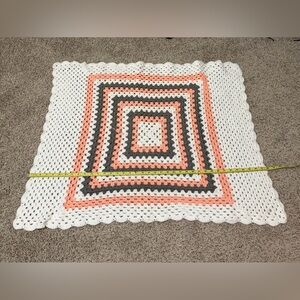 Handmade Crochet Square Throw Blanket in White, Coral & Gray